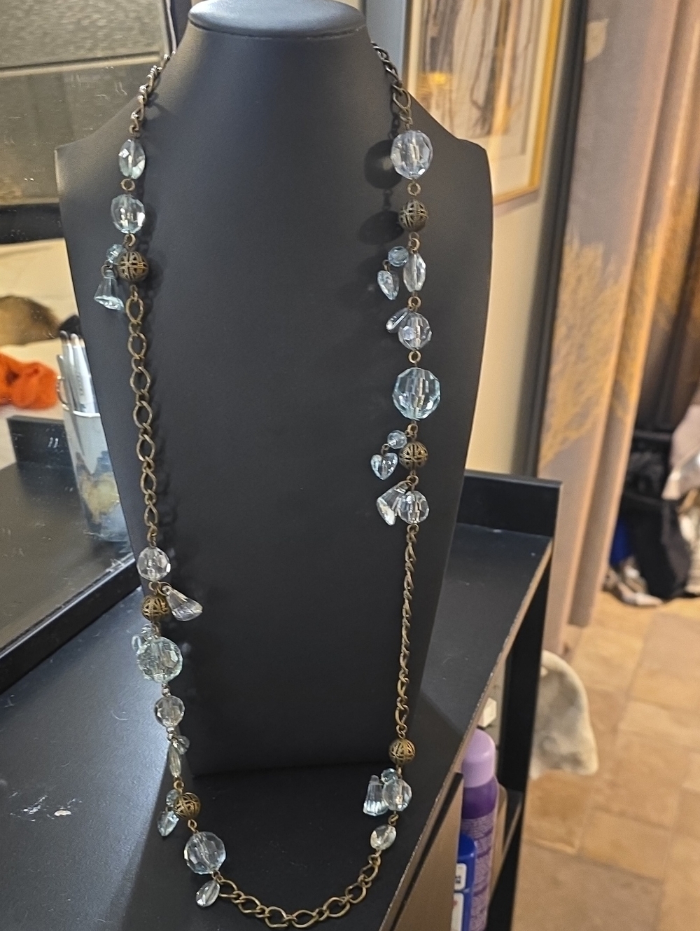Delicate Clear Crystal and Antiqued Brass Long Necklace